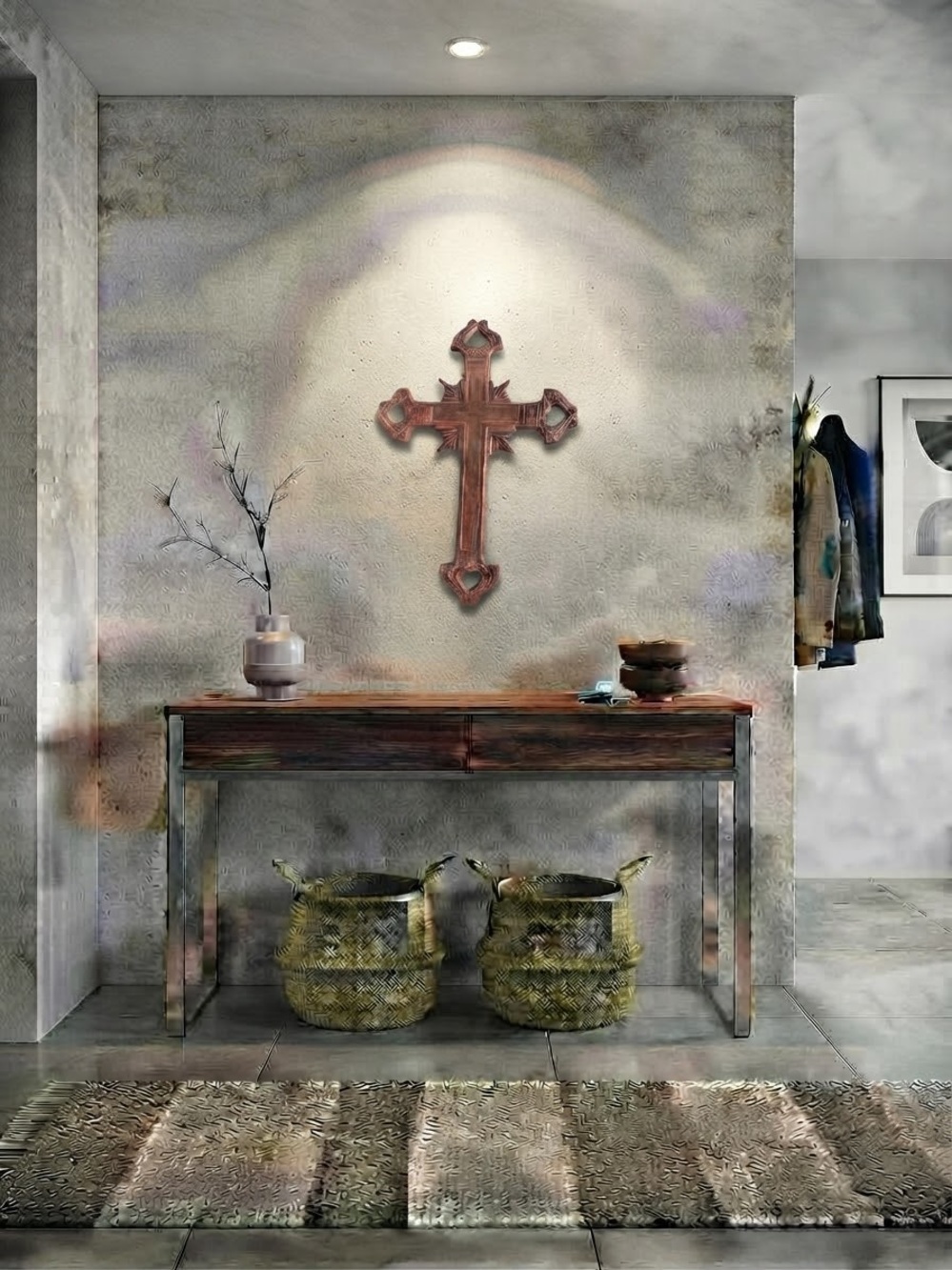 Handcrafted Rustic Metal Wall Cross - Brown